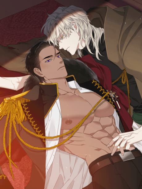 韓國成人奇幻 Omegaverse BL 網漫封面，兩名敵對陣營的男性角色，貴族 Alpha 與革命軍士兵神情緊張對峙，架空奇幻氛圍，情慾與權力交纏