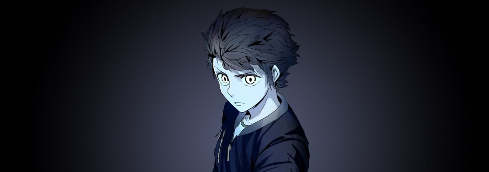 《Tower of God》奇幻冒險漫畫，SIU創作，少年佇立於高塔入口仰望無盡階梯，暗色調中隱約閃爍神秘光芒
