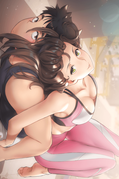 Romance slice-of-life manhwa, a shirtless muscular man stretching in a sleek gym interior, Nam-Sae Choi's warm fitness-themed atmosphere